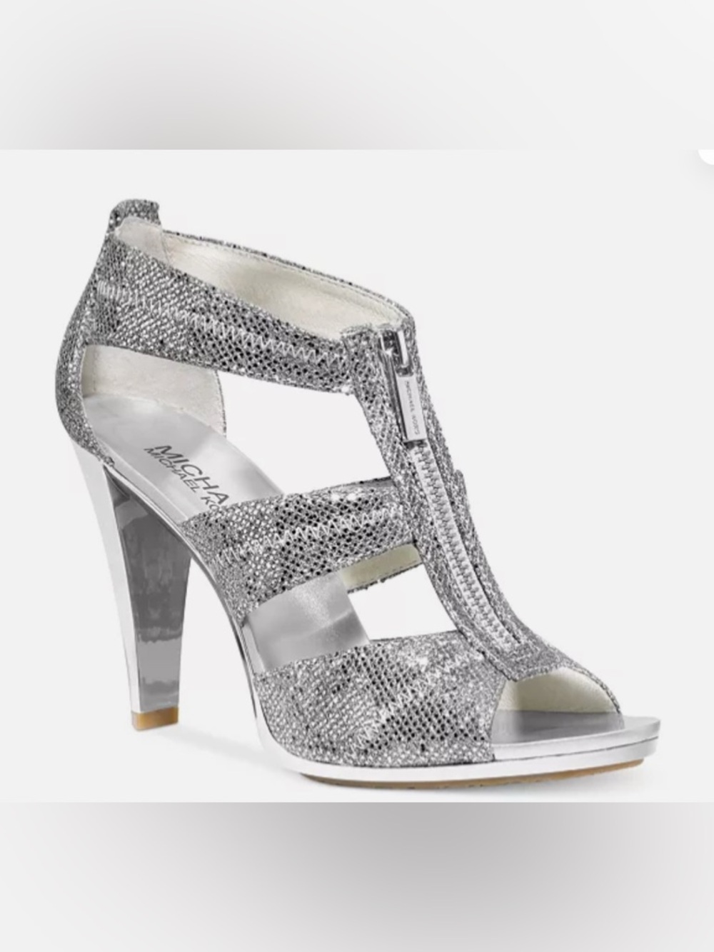 MICHAEL KORS SILVER GLITTER FRONT-ZIP T-STRAP HEELS